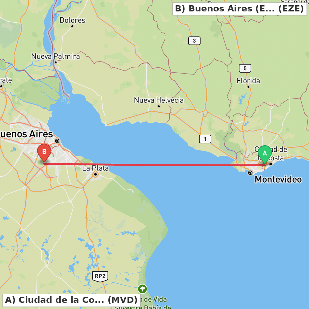 Flight route map from Ciudad de la Costa to Buenos Aires (Ezeiza)