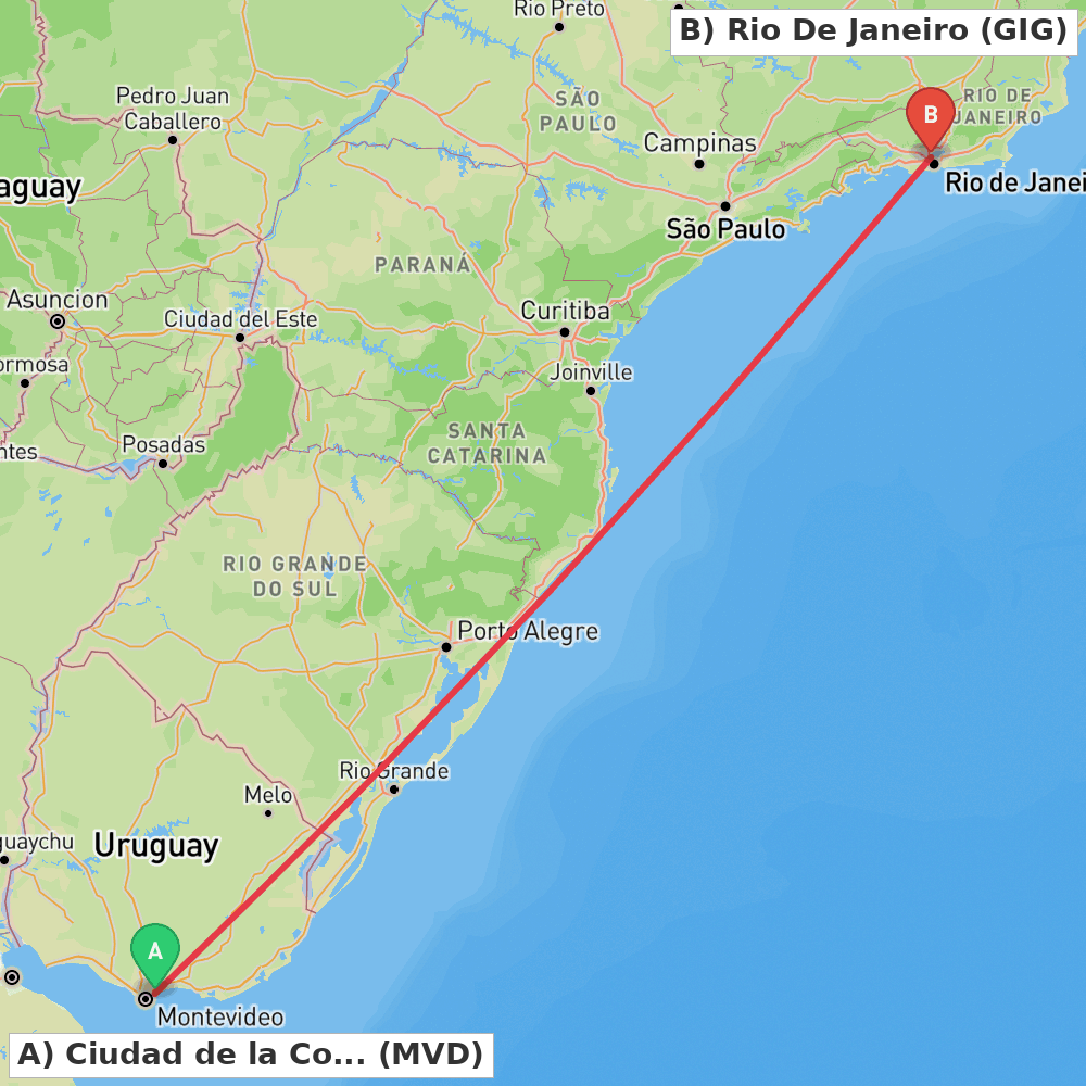 Flight route map from Ciudad de la Costa to Rio De Janeiro