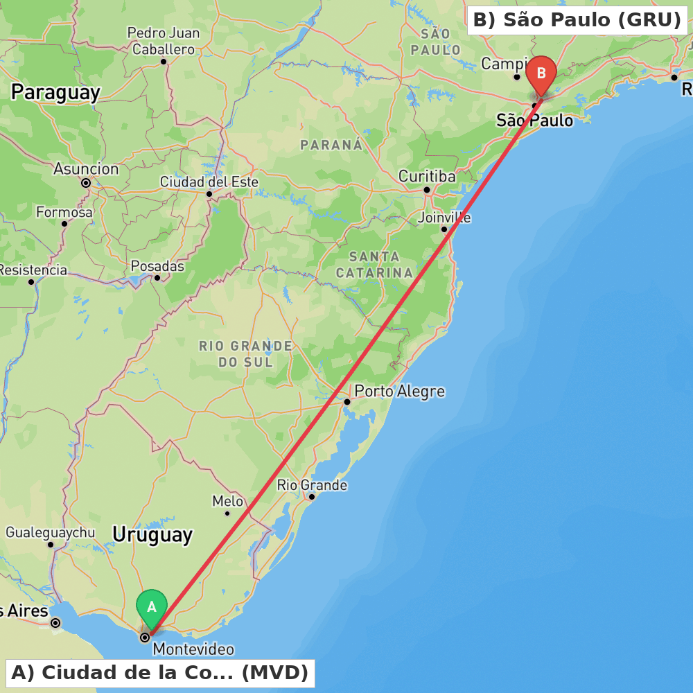 Flight route map from Ciudad de la Costa to São Paulo