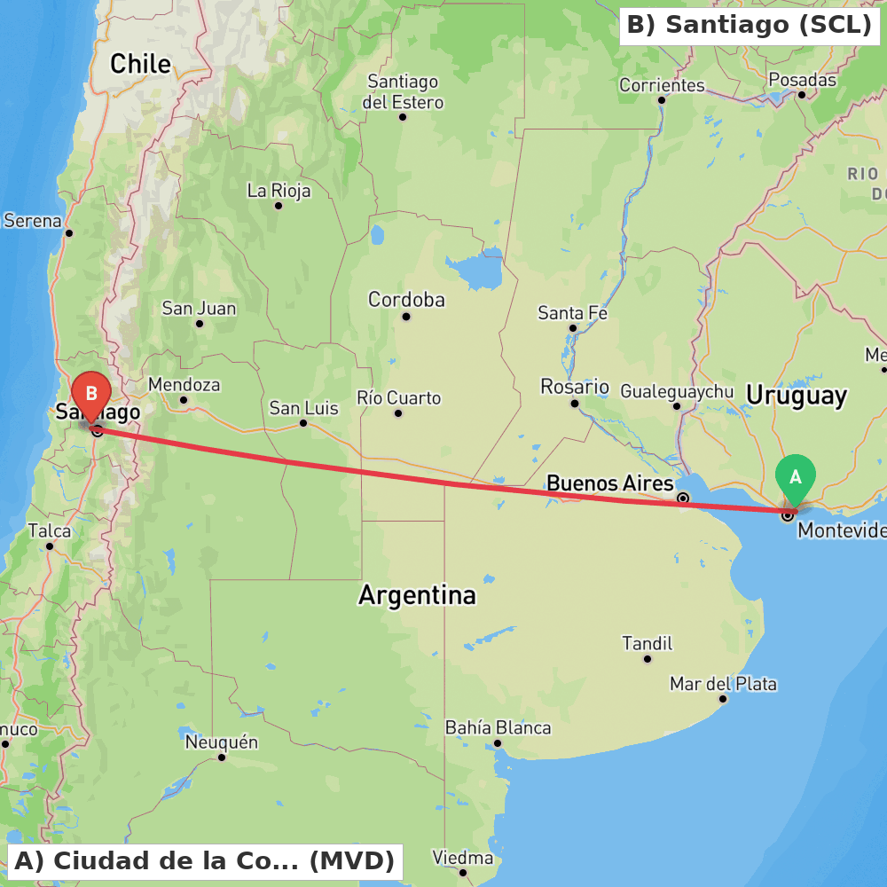 Flight route map from Ciudad de la Costa to Santiago
