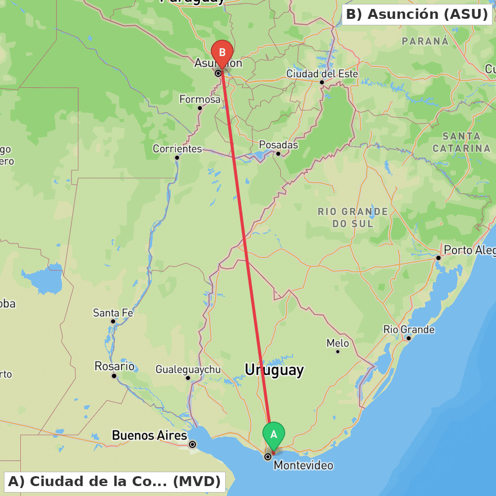 Flight route map from Ciudad de la Costa to Asunción
