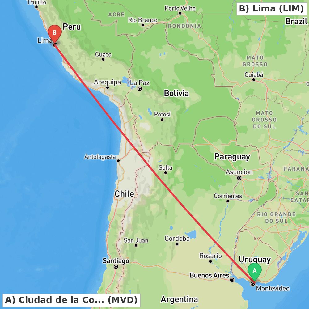 Flight route map from Ciudad de la Costa to Lima