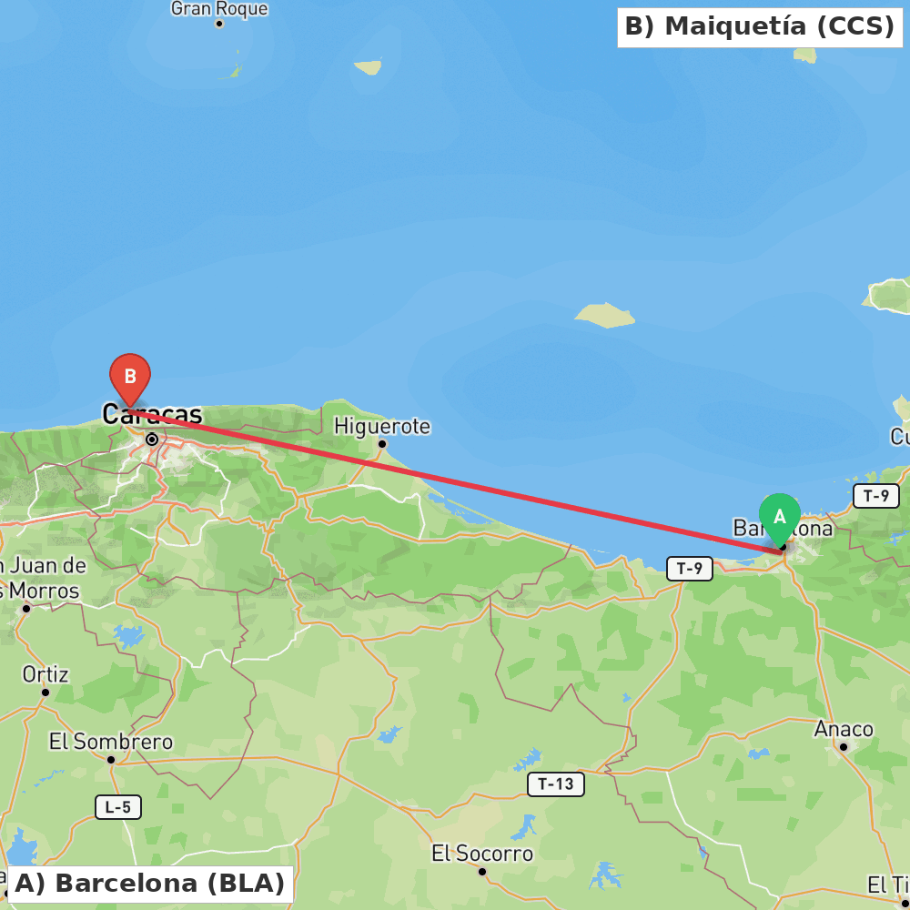 Flight route map from Barcelona to Maiquetía