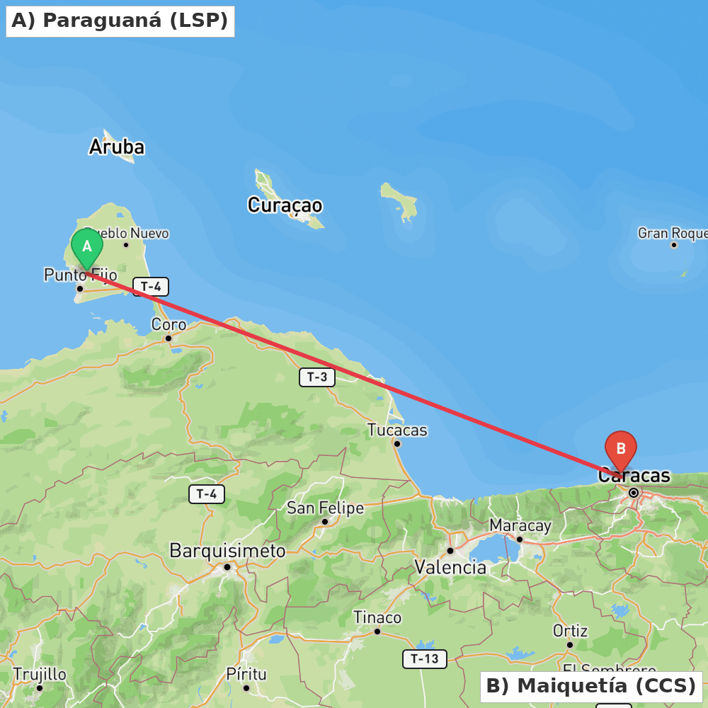 Flight route map from Paraguaná to Maiquetía