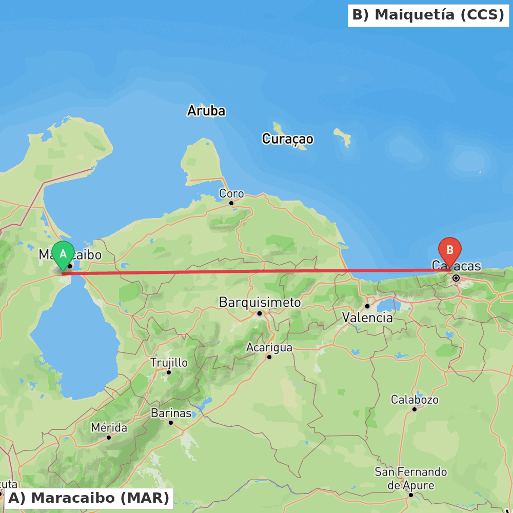 Flight route map from Maracaibo to Maiquetía