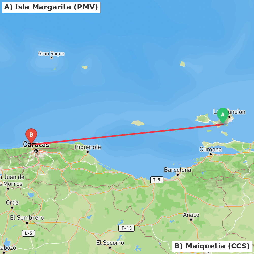 Flight route map from Isla Margarita to Maiquetía