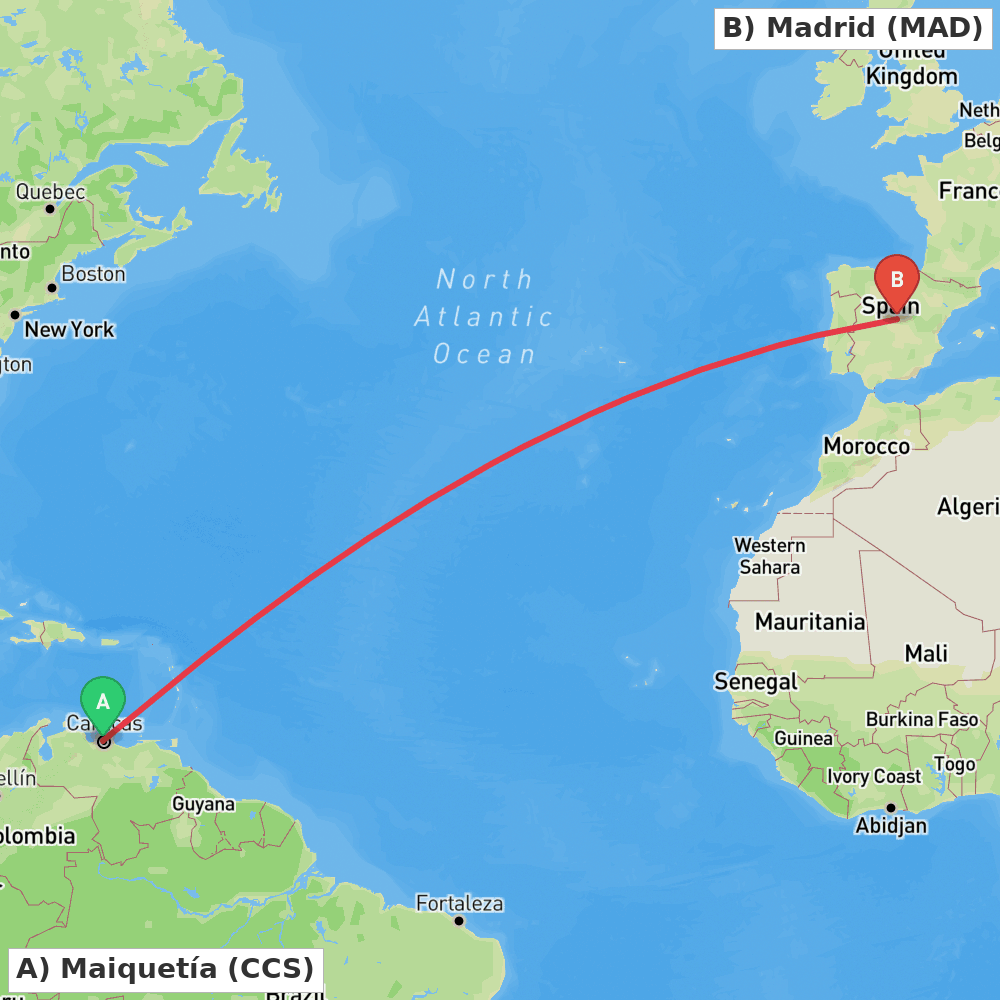Flight route map from Maiquetía to Madrid