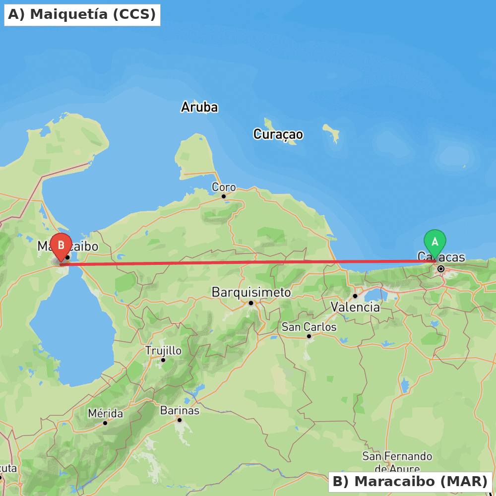 Flight route map from Maiquetía to Maracaibo