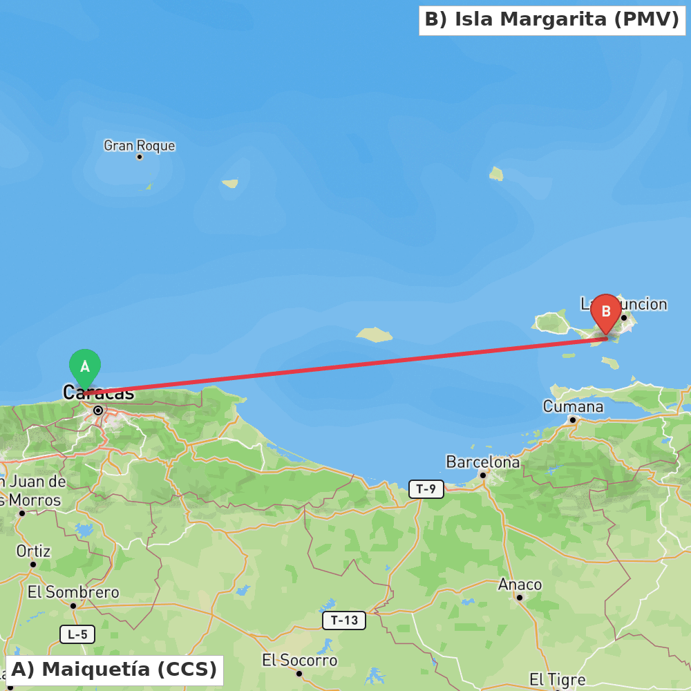 Flight route map from Maiquetía to Isla Margarita