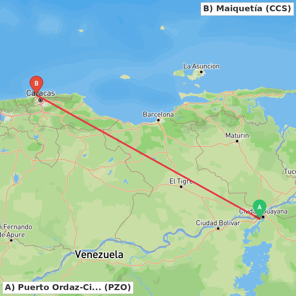 Flight route map from Puerto Ordaz-Ciudad Guayana to Maiquetía