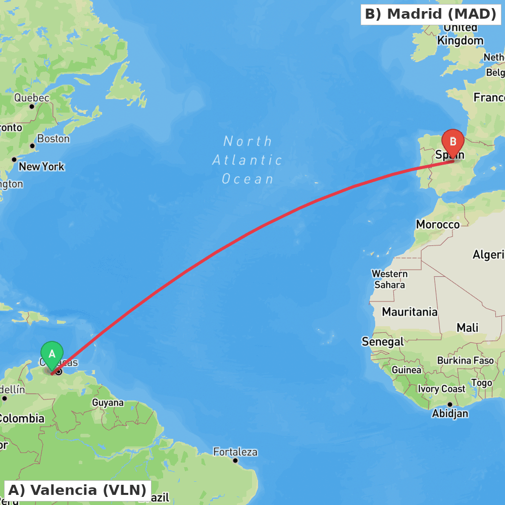 Flight route map from Valencia to Madrid