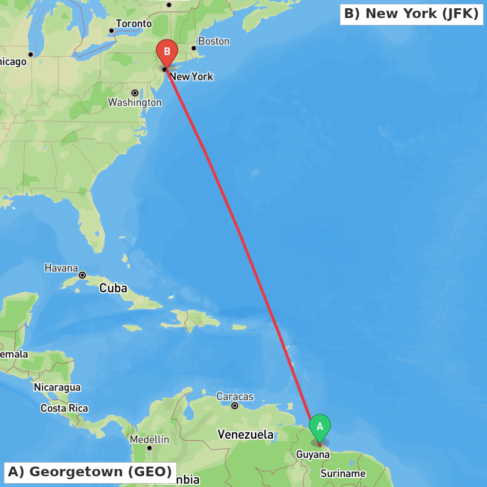 Flight route map from Georgetown to New York