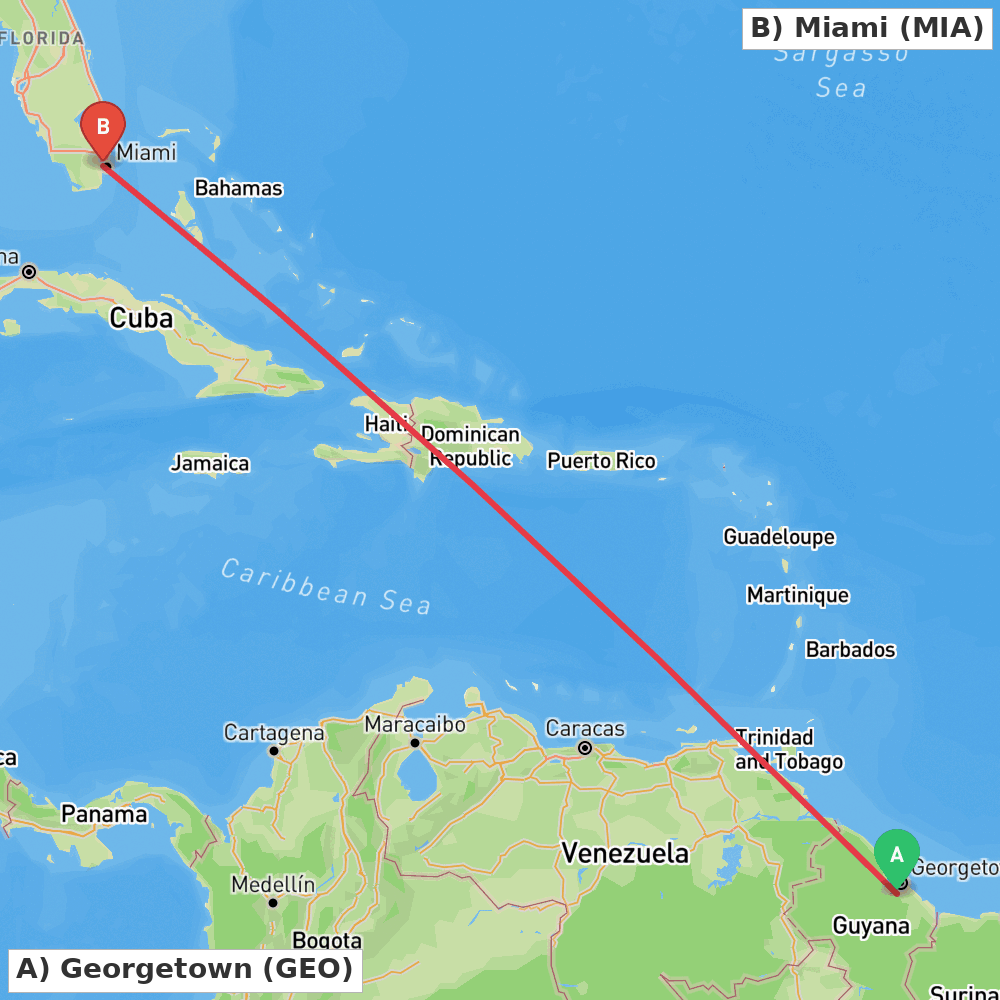 Flight route map from Georgetown to Miami