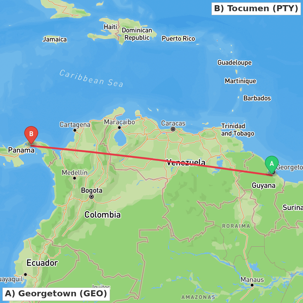 Flight route map from Georgetown to Tocumen