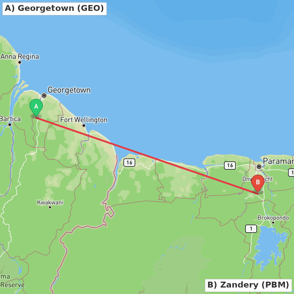 Flight route map from Georgetown to Zandery