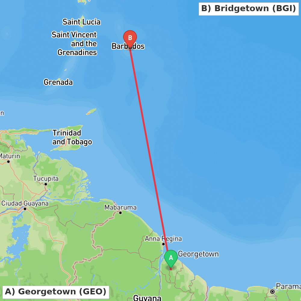 Flight route map from Georgetown to Bridgetown