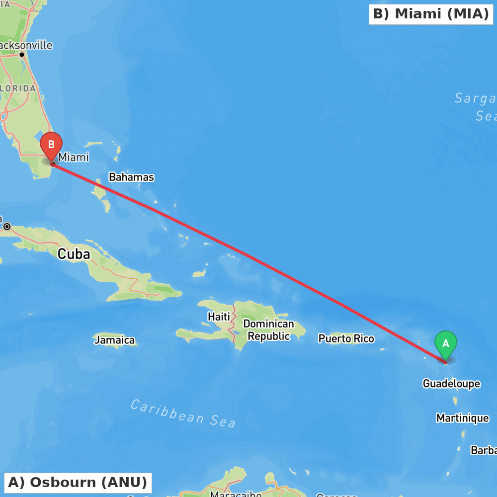 Flight route map from Osbourn to Miami