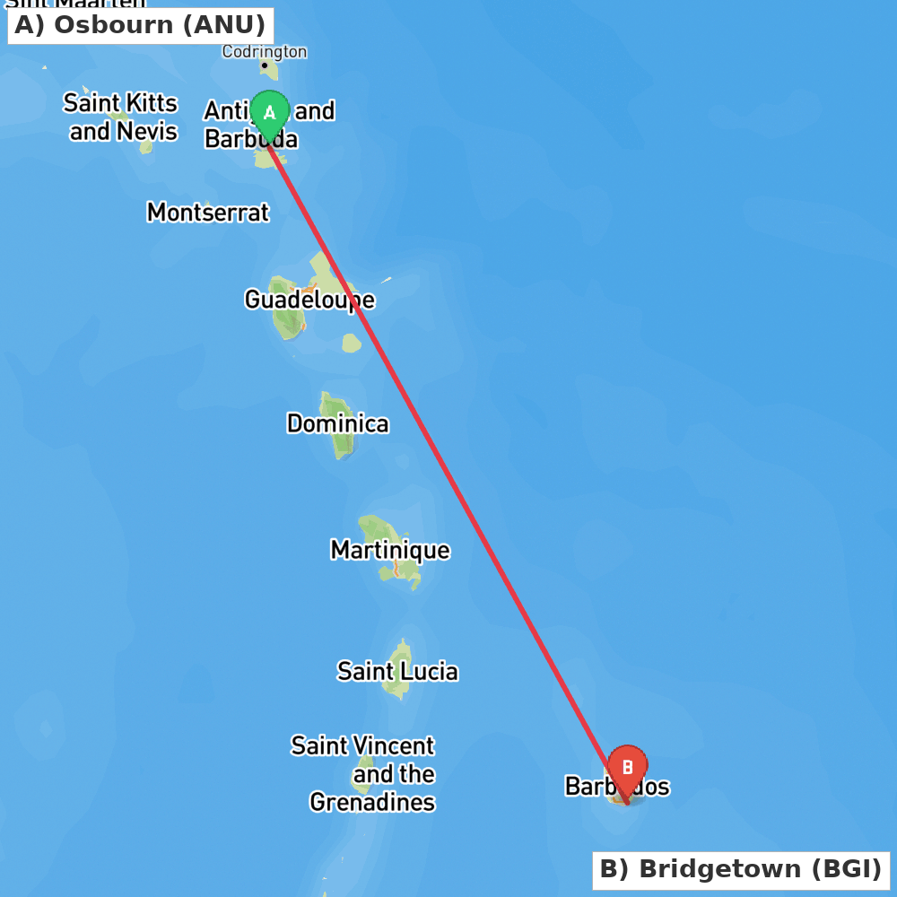 Flight route map from Osbourn to Bridgetown