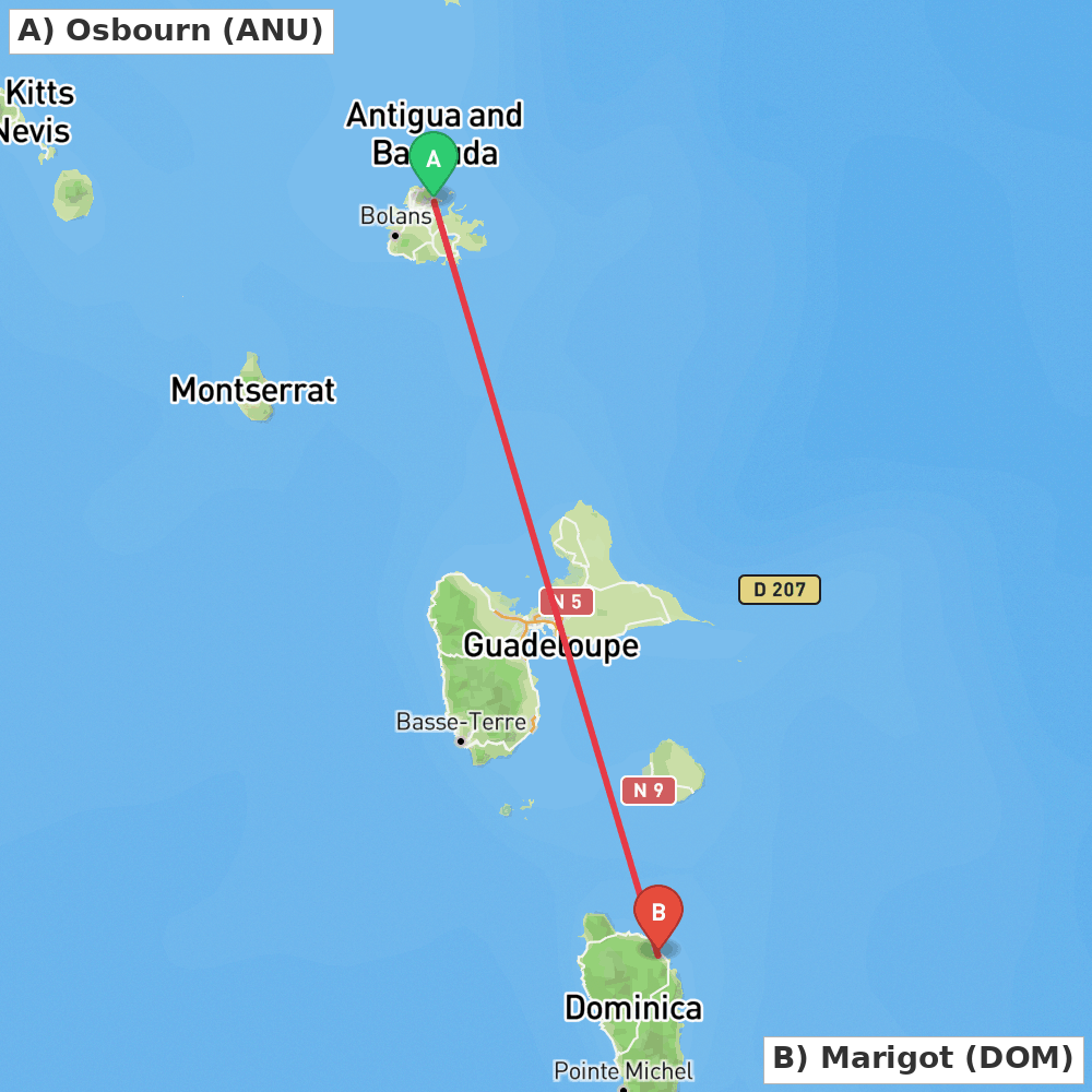 Flight route map from Osbourn to Marigot
