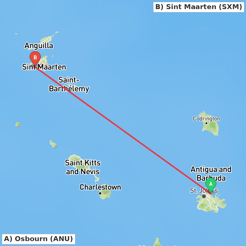 Flight route map from Osbourn to Sint Maarten