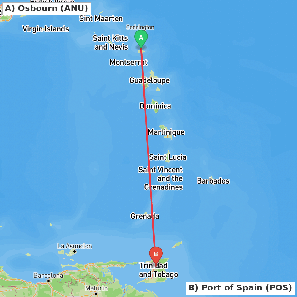 Flight route map from Osbourn to Port of Spain