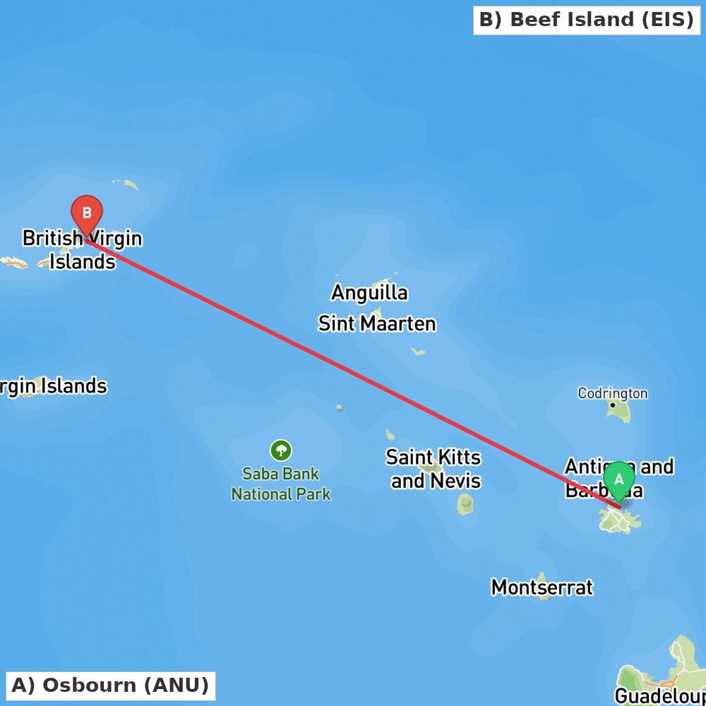 Flight route map from Osbourn to Beef Island