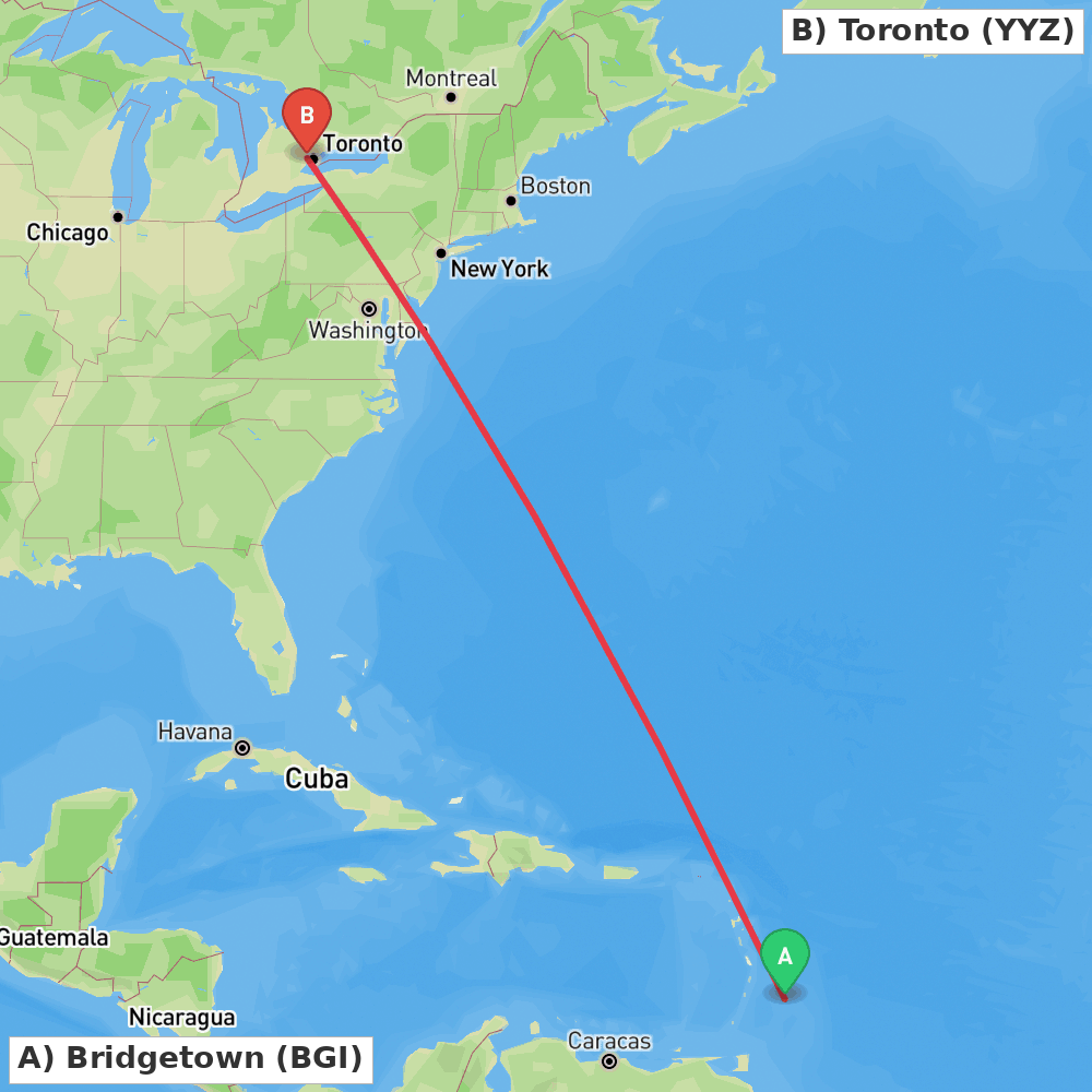 Flight route map from Bridgetown to Toronto