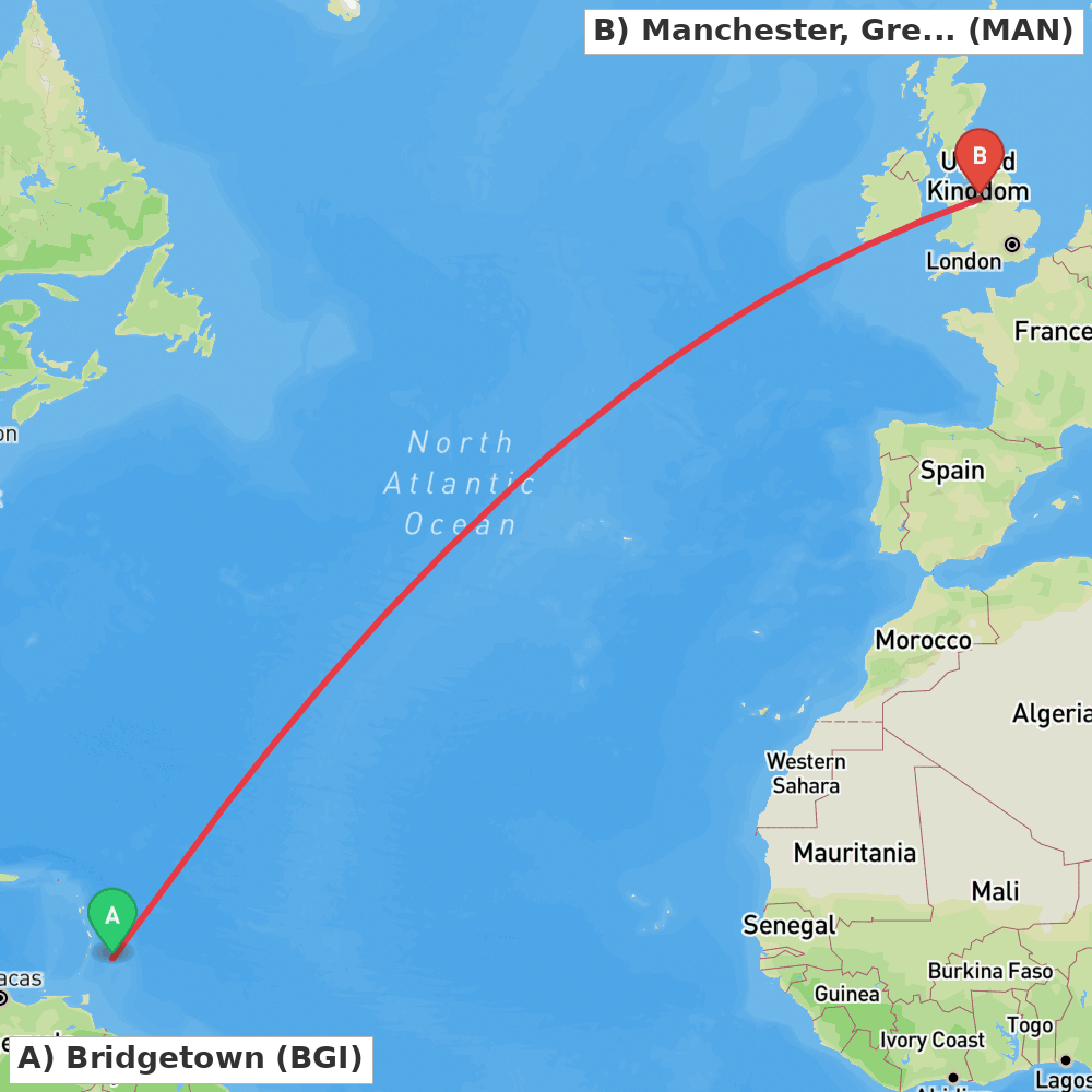 Flight route map from Bridgetown to Manchester, Greater Manchester