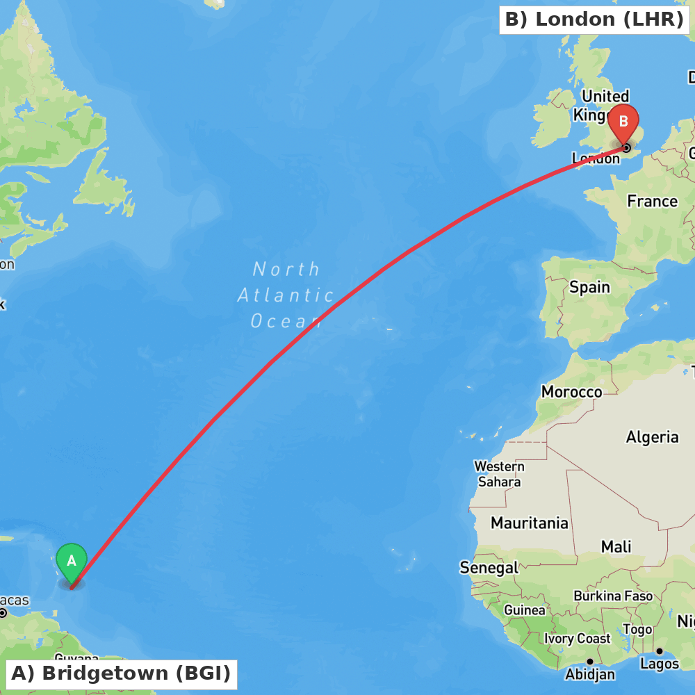 Flight route map from Bridgetown to London