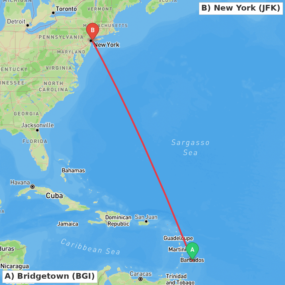 Flight route map from Bridgetown to New York