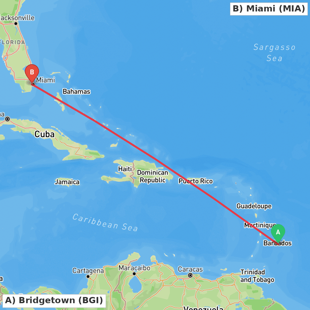 Flight route map from Bridgetown to Miami