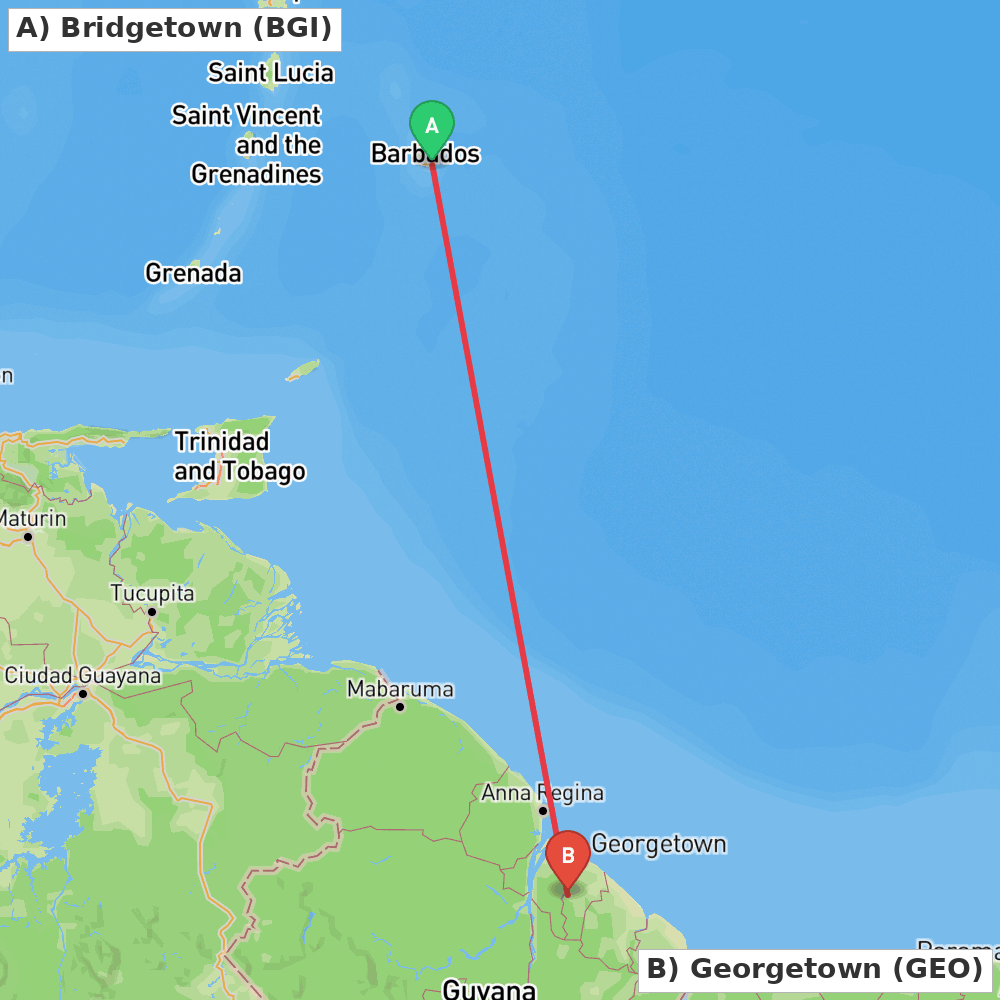 Flight route map from Bridgetown to Georgetown