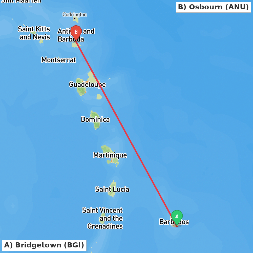 Flight route map from Bridgetown to Osbourn