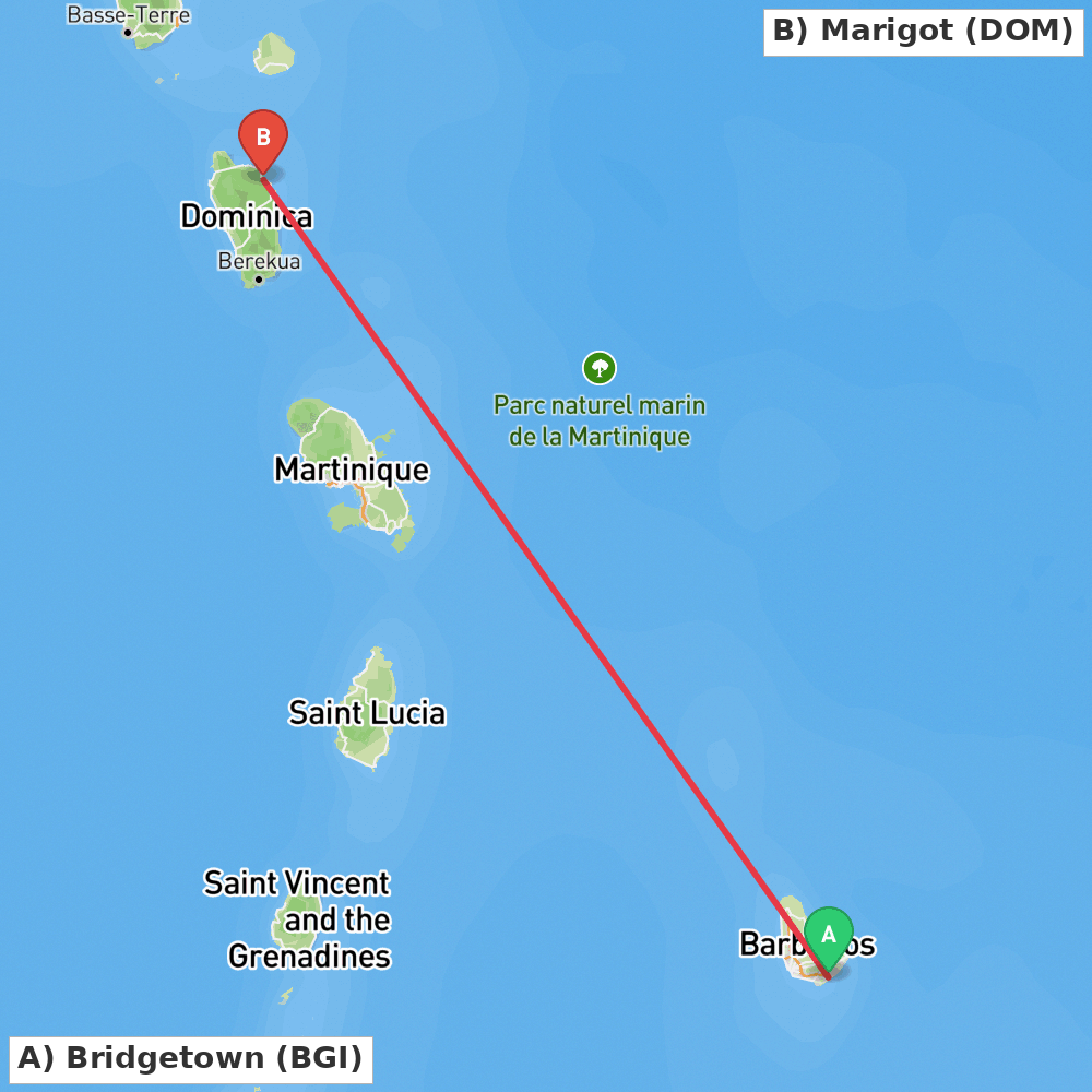 Flight route map from Bridgetown to Marigot