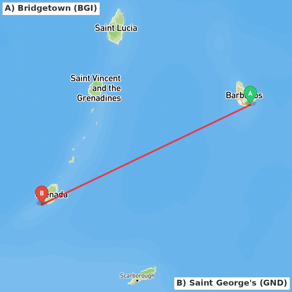 Flight route map from Bridgetown to Saint George's