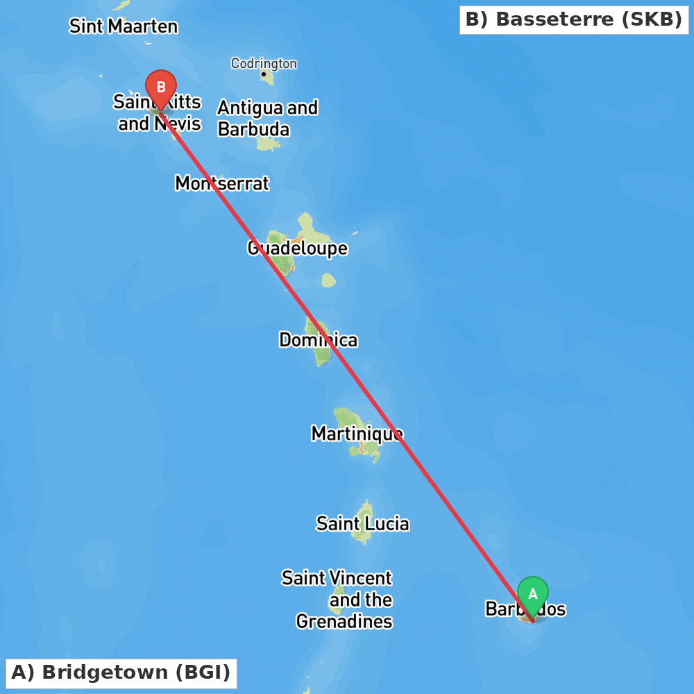 Flight route map from Bridgetown to Basseterre