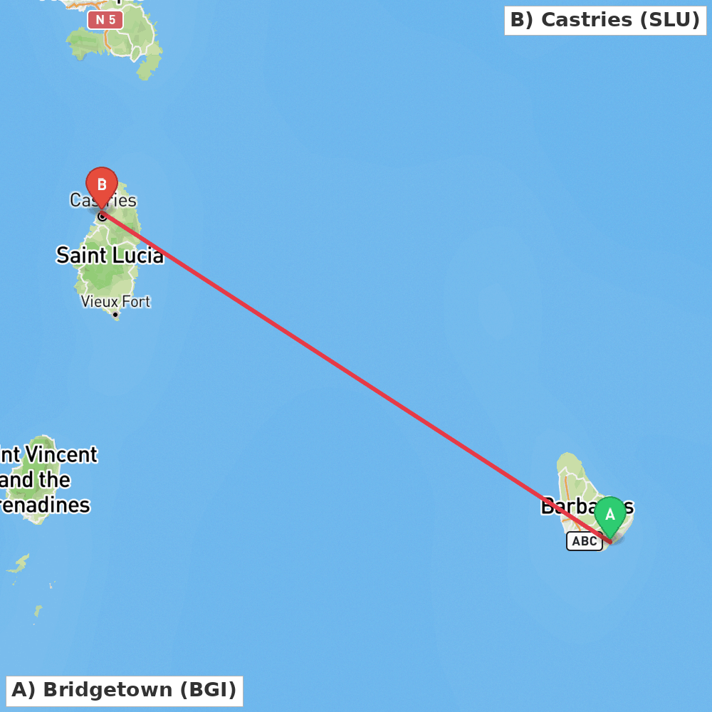 Flight route map from Bridgetown to Castries