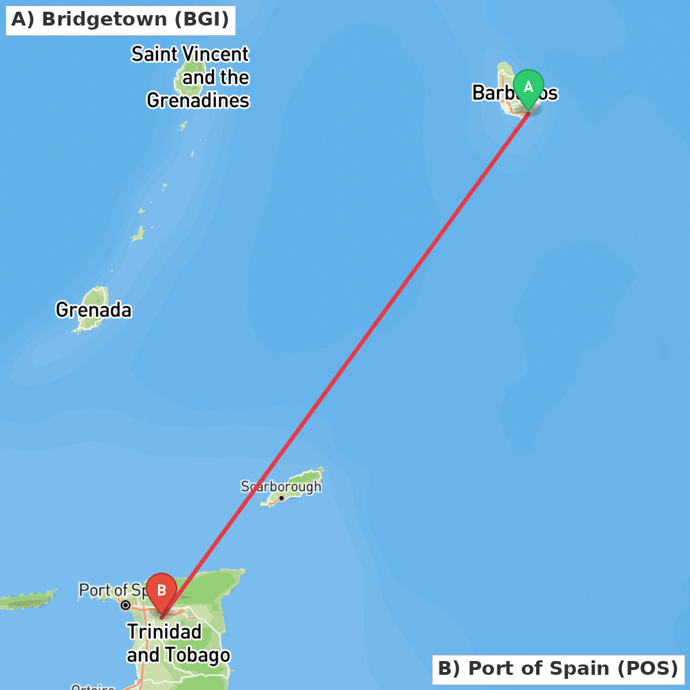 Flight route map from Bridgetown to Port of Spain