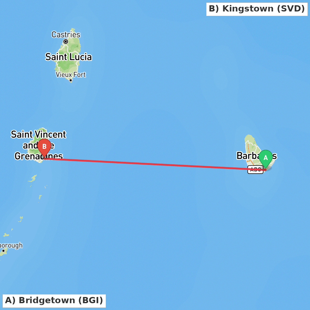 Flight route map from Bridgetown to Kingstown