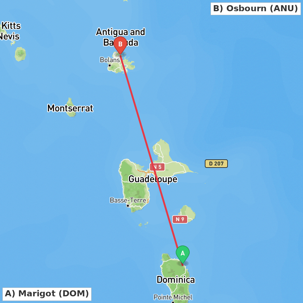 Flight route map from Marigot to Osbourn