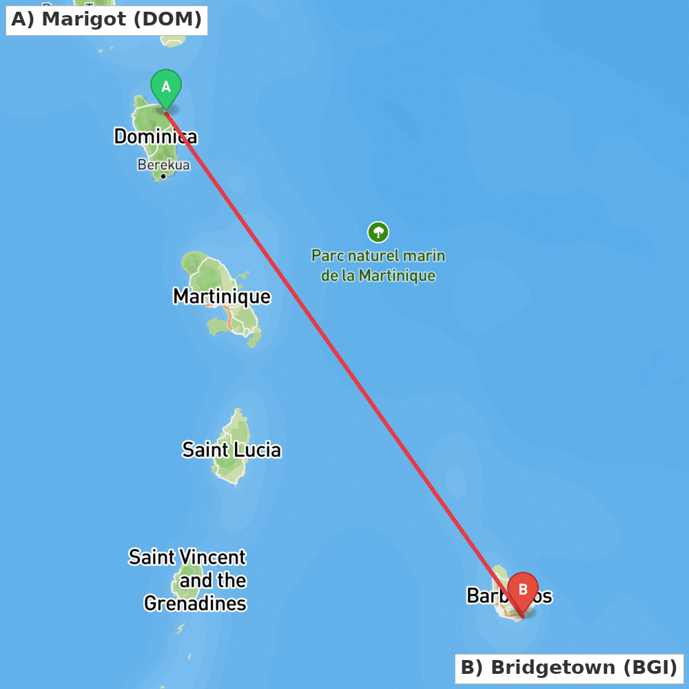 Flight route map from Marigot to Bridgetown