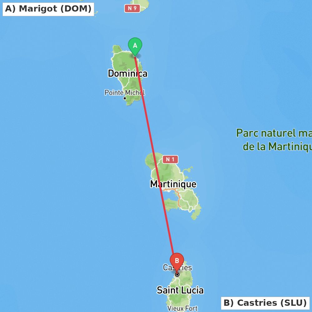 Flight route map from Marigot to Castries