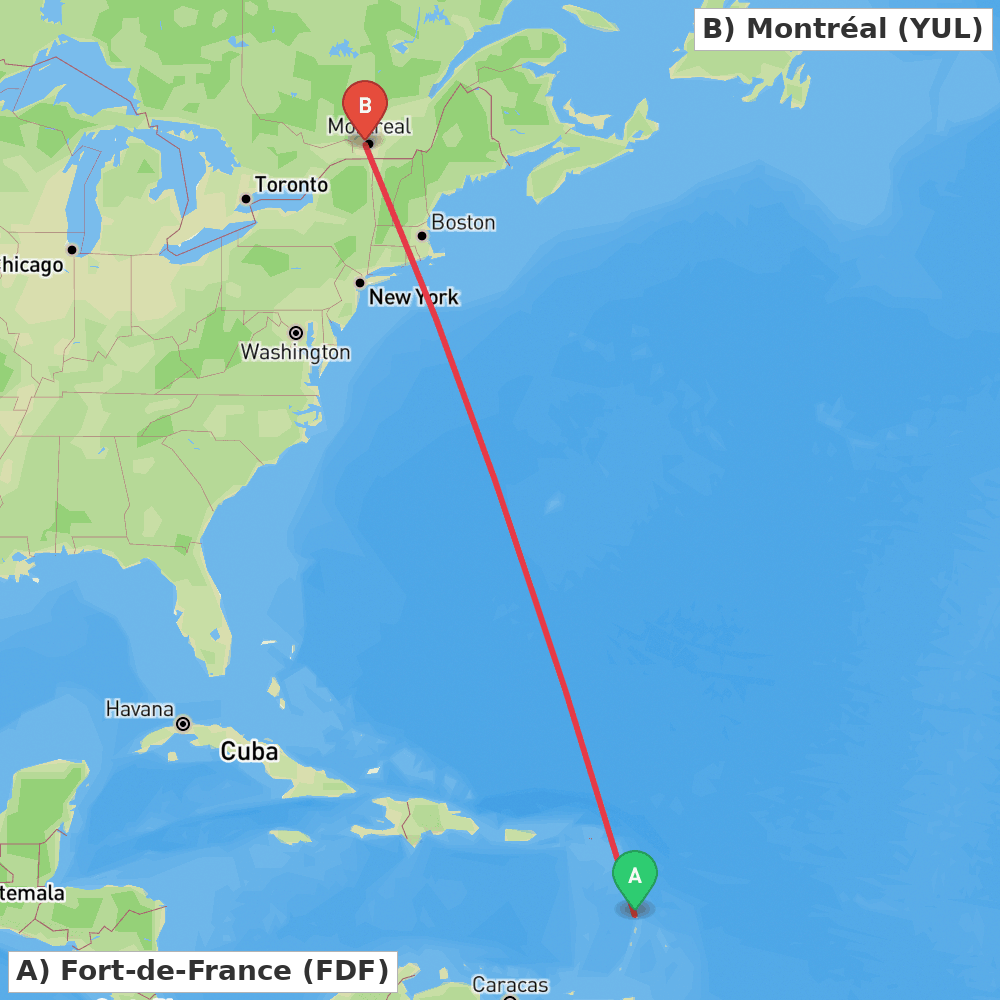 Flight route map from Fort-de-France to Montréal