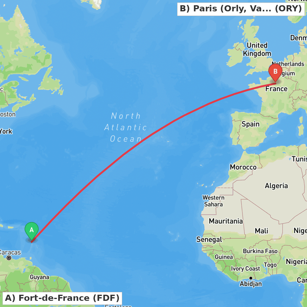 Flight route map from Fort-de-France to Paris (Orly, Val-de-Marne)