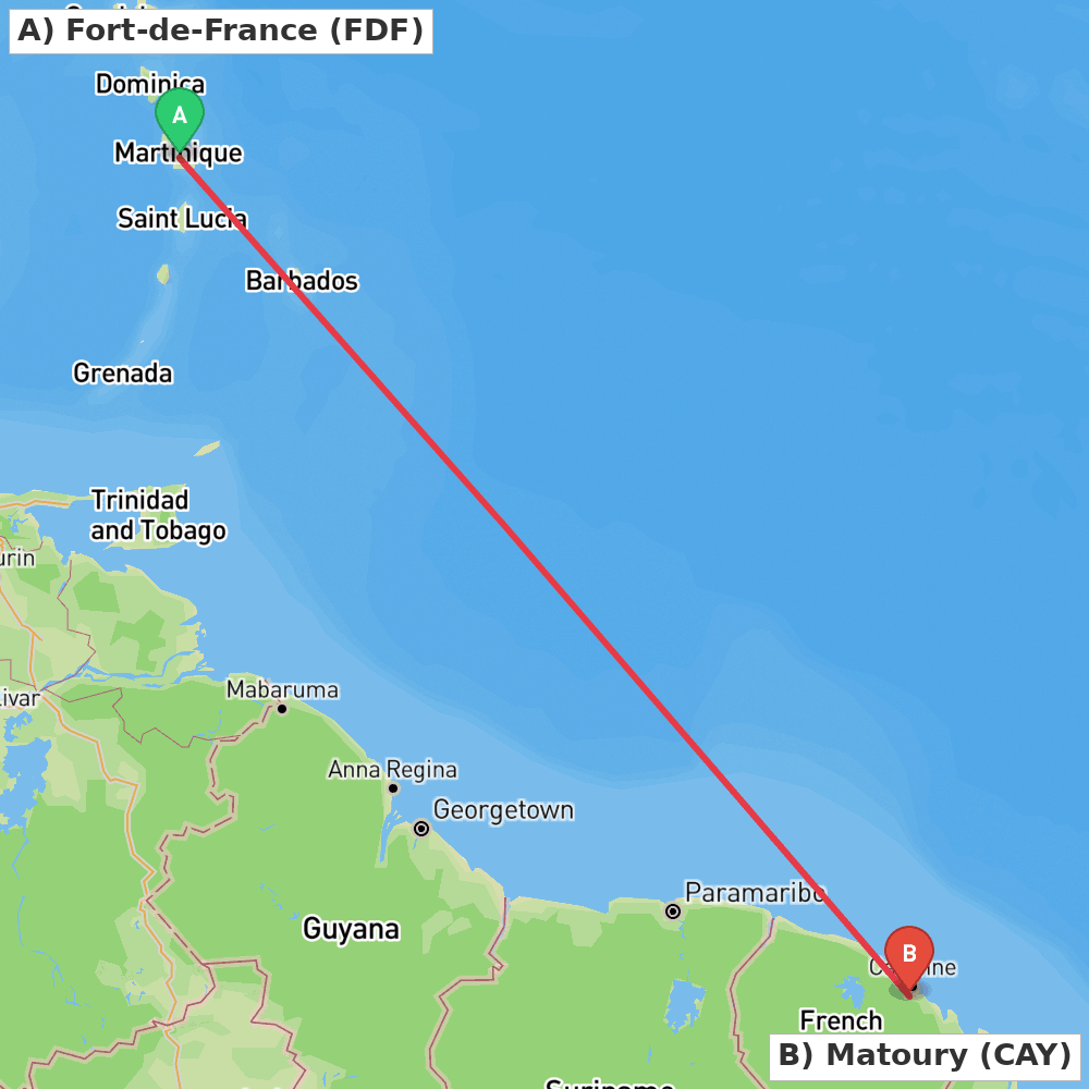 Flight route map from Fort-de-France to Matoury