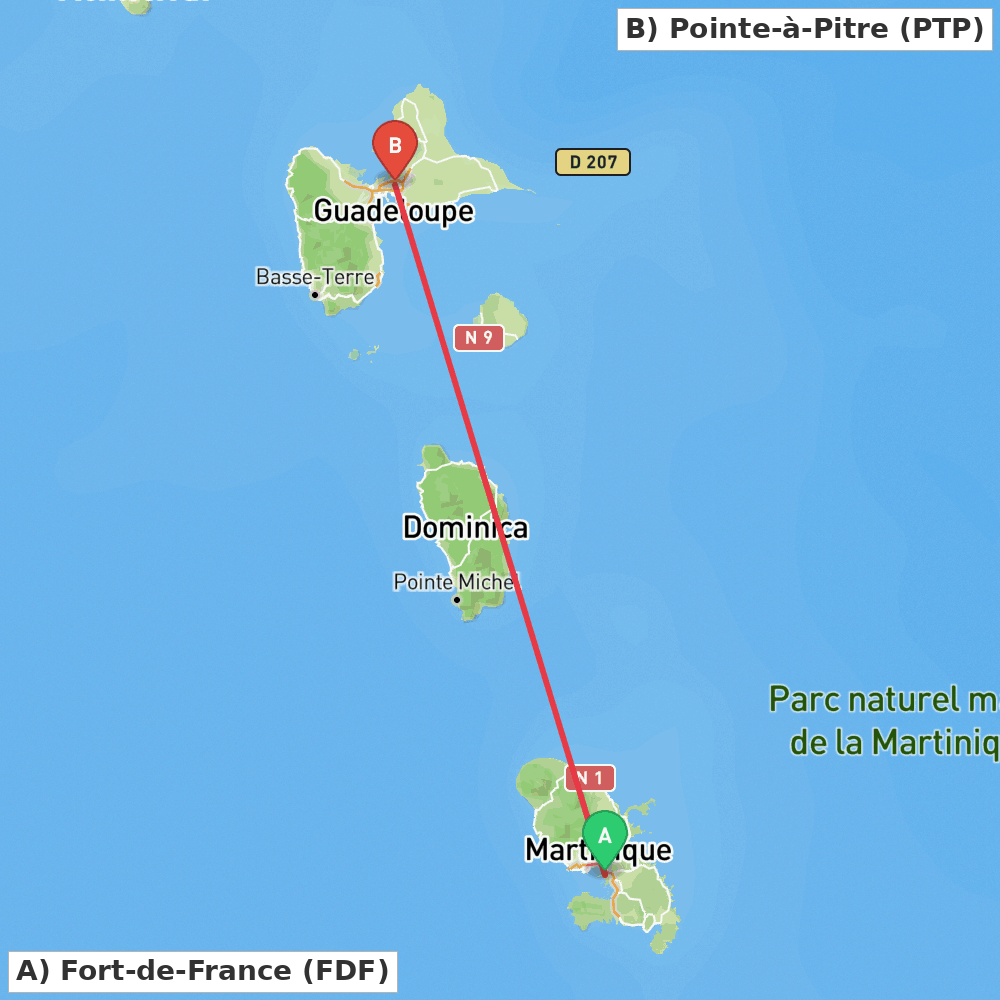 Flight route map from Fort-de-France to Pointe-à-Pitre