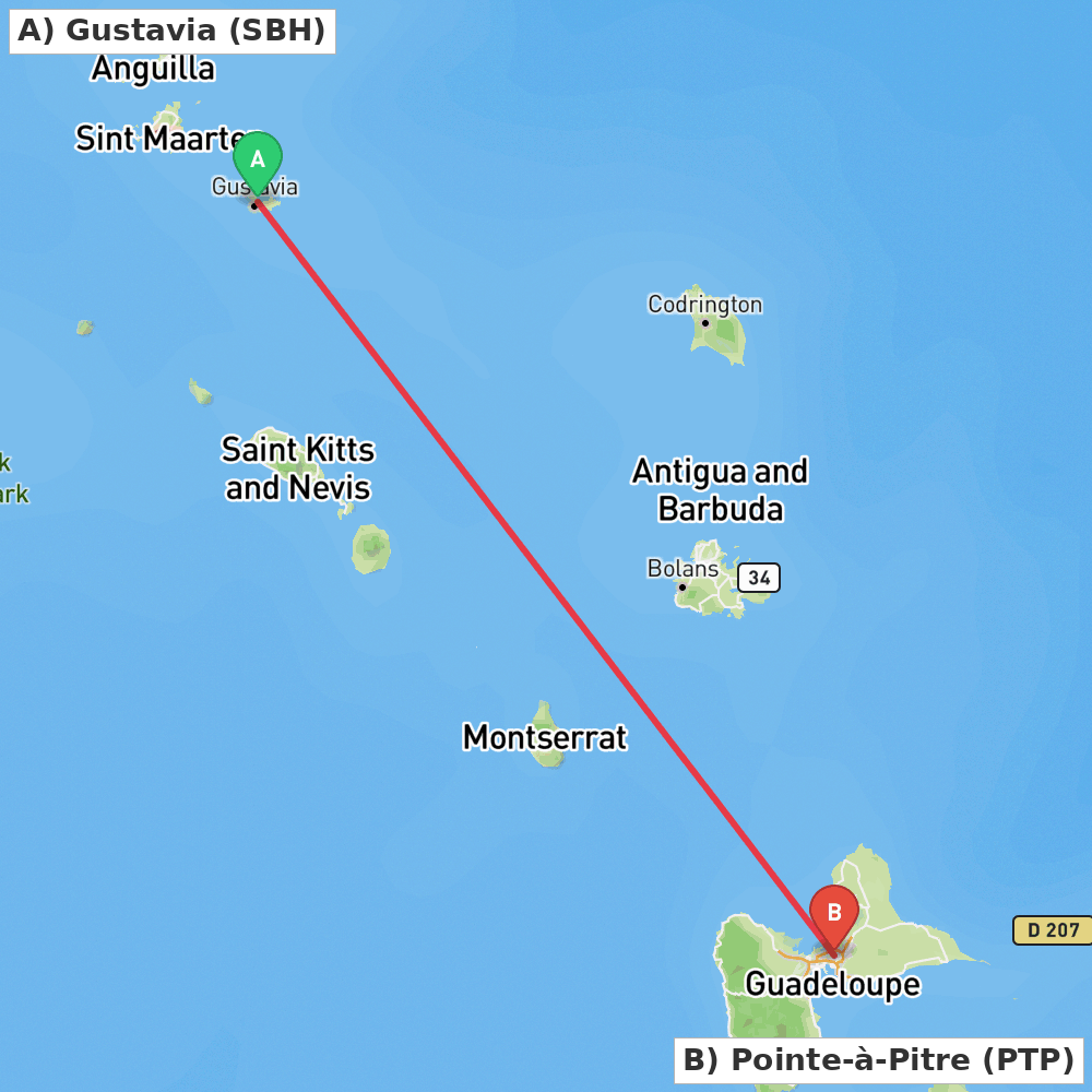 Flight route map from Gustavia to Pointe-à-Pitre
