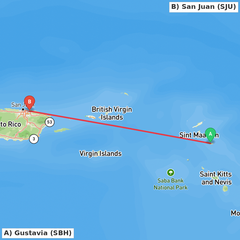 Flight route map from Gustavia to San Juan