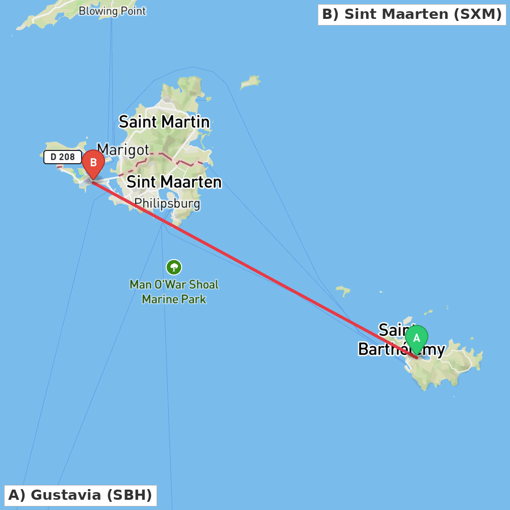 Flight route map from Gustavia to Sint Maarten