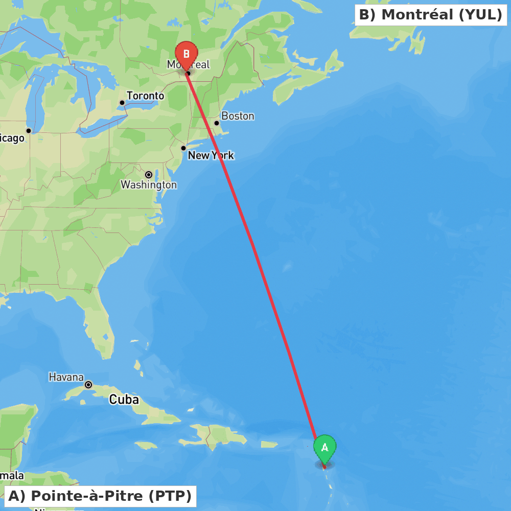 Flight route map from Pointe-à-Pitre to Montréal